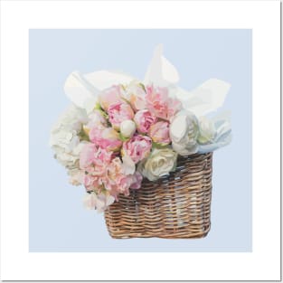 Bunch of pink and white peonies flowers in a wicker basket Posters and Art